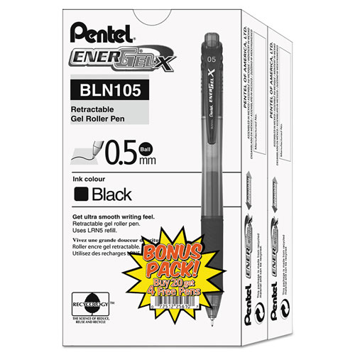 Pentel EnerGel-X Retractable Gel Pen, 0.5 mm Needle Tip, Black Ink/Barrel,  24/Pack, PENBLN105ASW2