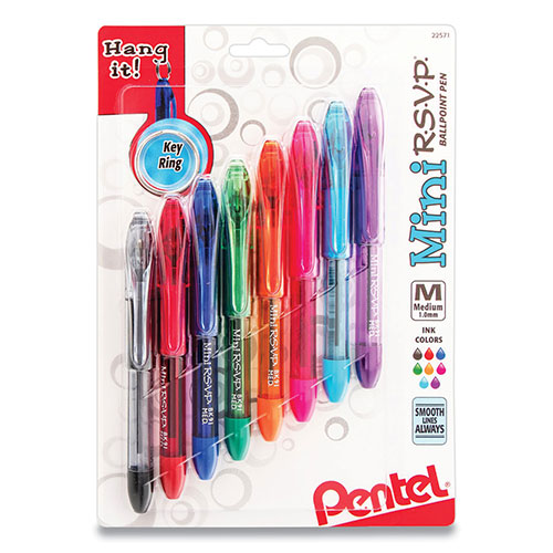 Pentel Mini R.S.V.P. Stick Ballpoint Pen, Medium 1 mm, Assorted Color Ink/Barrel, 8/Pack