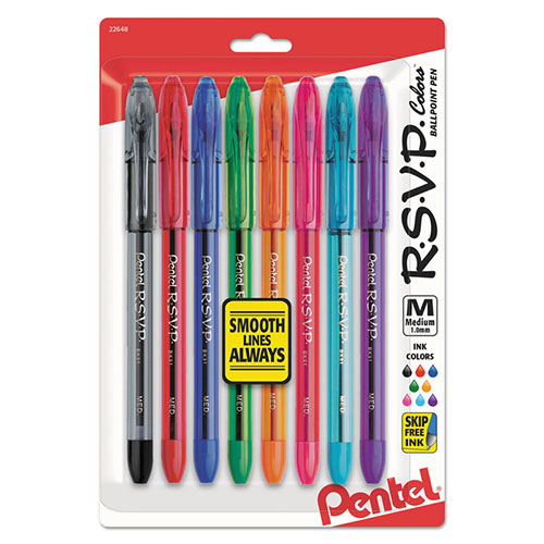 Pentel R.S.V.P. Stick Ballpoint Pen, Medium 1mm, Assorted Ink/Barrel, 8/Pack