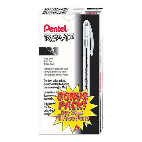 Pentel R.S.V.P. Stick Ballpoint Pen Value Pack, 0.7mm, Black Ink, Clear/Black Barrel, 24PK