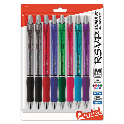Pentel R.S.V.P. Super RT Retractable Ballpoint Pen, 1mm, Assorted Ink/Barrel, 8/Pack