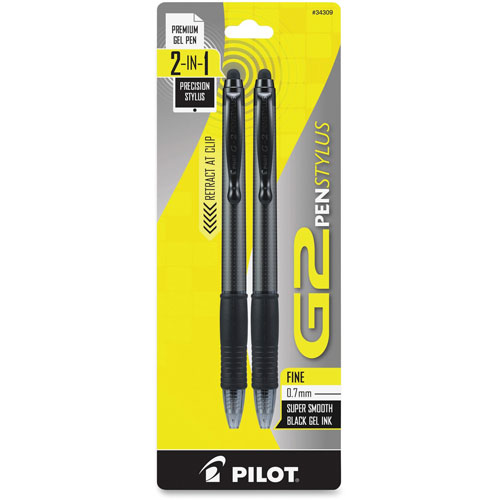 Pilot G2 PenStylus, Black Ink, 0.7 mm, Gel, Charcoal Gray Barrel, 2/Pack