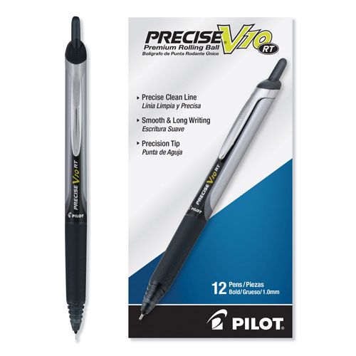 Pilot Precise V10RT Retractable Roller Ball Pen, Bold 1 mm, Black Ink/Barrel, Dozen