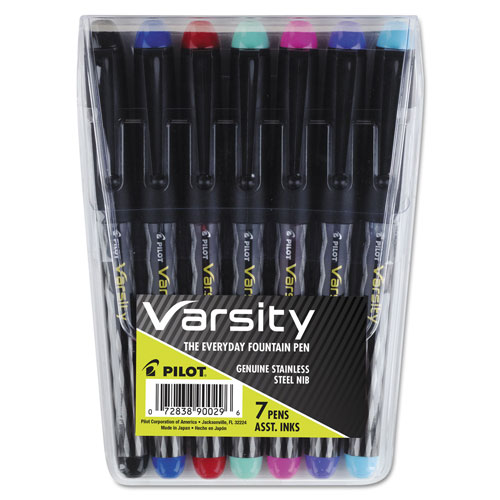Pilot Varsity Fountain Pen, 1mm, Assorted Ink, Gray Pattern Wrap Barrel, 7/Set