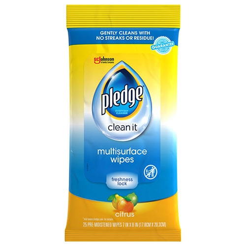 Pledge Multi-Surface Cleaner Wet Wipes, Cloth, Fresh Citrus, 7 x 10, 25/Pack, 12/Carton
