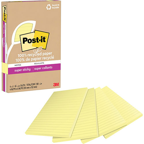 Post-it® 100% Recycled Paper Super Sticky Notes, Ruled, 4" x 6", Canary Yellow, 45 Sheets/Pad, 4 Pads/Pack