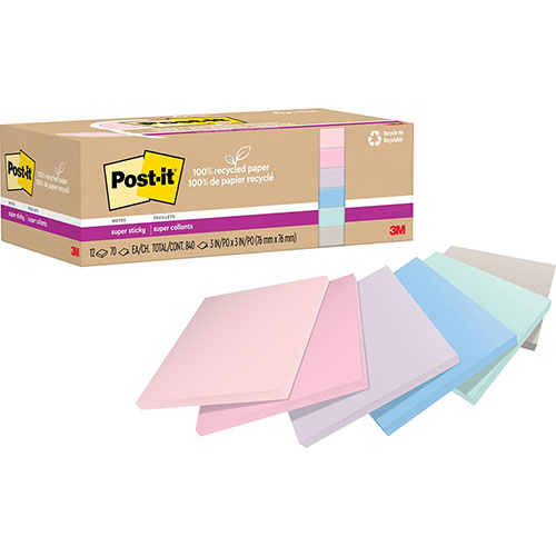 Post-it® 100% Recycled Paper Super Sticky Notes, 3" x 3", Wanderlust Pastels, 70 Sheets/Pad, 12 Pads/Pack