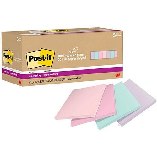 Post-it® 100% Recycled Paper Super Sticky Notes, 3" x 3", Wanderlust Pastels, 70 Sheets/Pad, 24 Pads/Pack