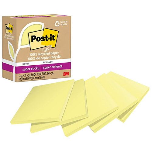 3M Post-it® 100% Recycled Paper Super Sticky Notes, 3 x 3, Canary  Yellow, 70 Sheets/Pad, 5 Pads/Pack, MMM654R5SSCY