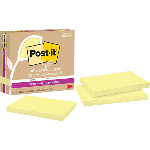 Post-it® 100% Recycled Paper Super Sticky Notes, 3" x 5", Canary Yellow, 70 Sheets/Pad, 12 Pads/Pack