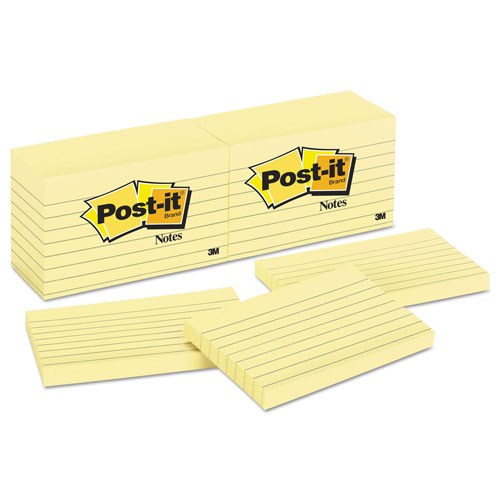 Post-it® Original Pads in Canary Yellow, Note Ruled, 3" x 5", 100 Sheets/Pad, 12 Pads/Pack