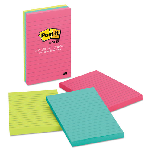 Post-it® Original Pads in Poptimistic Collection Colors, Note Ruled, 4" x 6", 100 Sheets/Pad, 3 Pads/Pack