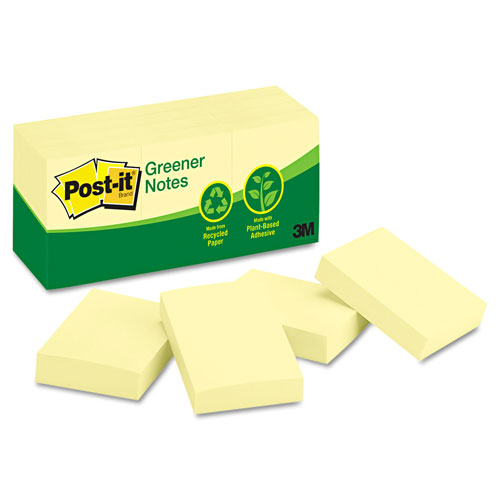 Post-it® Original Recycled Note Pads, 1.5" x 2", Canary Yellow, 100 Sheets/Pad, 12 Pads/Pack