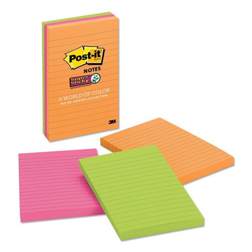 Post-it® Pads in Energy Boost Collection Colors, Note Ruled, 4" x 6", 90 Sheets/Pad, 3 Pads/Pack