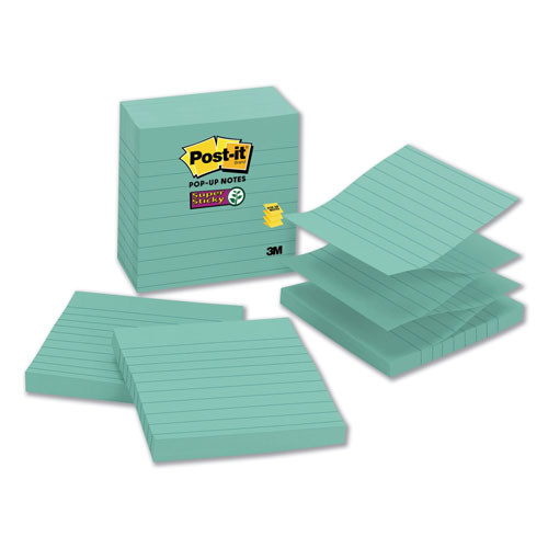 Post-it® Pop-up Notes Refill, Note Ruled, 4" x 4", Aqua Wave, 90 Sheets/Pad, 5 Pads/Pack