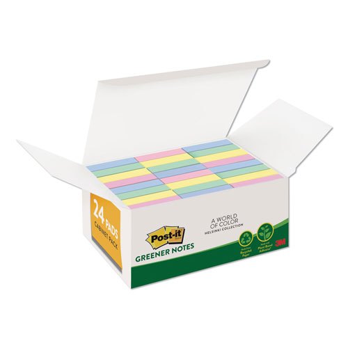 Post-it® Recycled Note Pads, 1 3/8 x 1 7/8, Plain, Assorted Helsinki Colors, 100-Sheet, 24/Pack