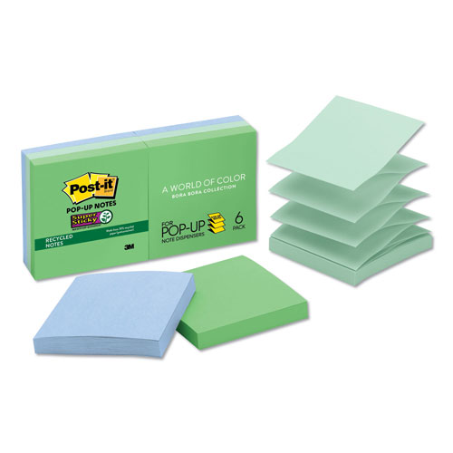 Post-it® Recycled Pop-up Notes in Oasis Collection Colors, 3" x 3", 90 Sheets/Pad, 6 Pads/Pack