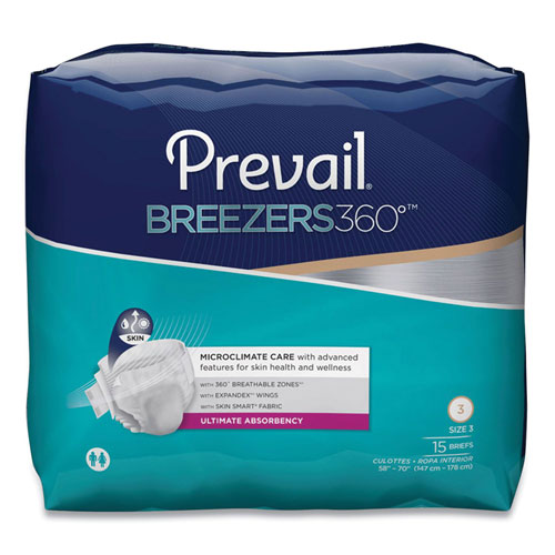 Prevail® Breezers360 Degree Briefs, Ultimate Absorbency, Size 3, 58" to 70" Waist, 60/Carton