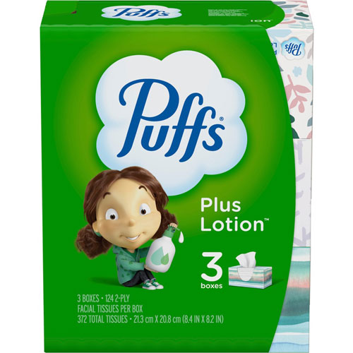 Puffs Plus Lotion Facial Tissue - 2 Ply8.40" - White - Soft - For Nose, Skin - 124 Per Box - 3 / Pack