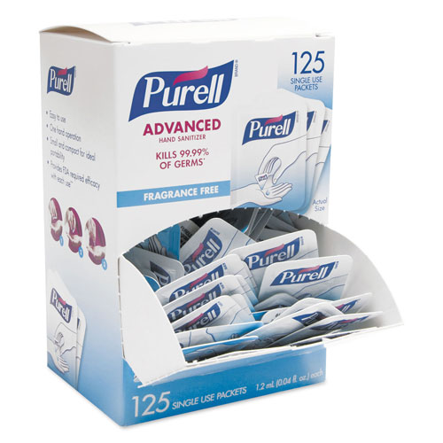 Purell Advanced Hand Sanitizer Single Use, 1.2 mL, Packet, Clear, 125/Box, 12 Box/CT