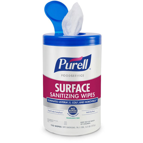 Purell Foodservice Surface Sanitizing Wipes - Ready-To-Use Wipe7" x 10", 110 / Canister - 1 Each