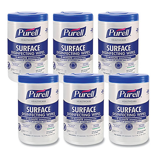 Gojo Purell Healthcare Surface Disinfecting Wipes, 1-Ply, 7 x 10,  Unscented, White, 110 Wipes/Canister, 6 Canisters/Carton, GOJ934006