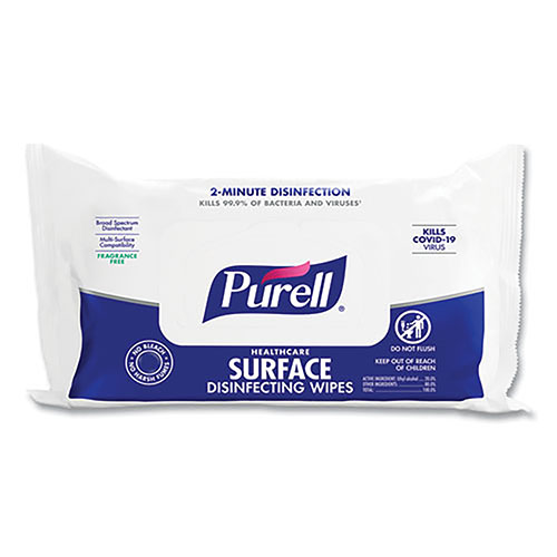 Purell Healthcare Surface Disinfecting Wipes, 1-Ply, 7" x 10", Unscented, White, 72/Pack