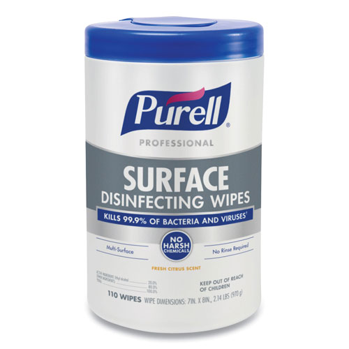 Purell Professional Surface Disinfecting Wipes, 7 x 8, Fresh Citrus, 110/Canister, 6 Canister/Carton