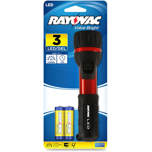 Rayovac Flashlight, Rubber & Aluminum, 3 V, LED, Red/Black, 2 AA