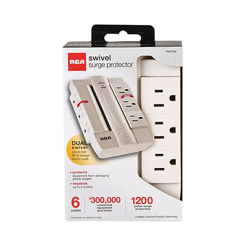 RCA 6 Outlet Swivel Surge Protector, 6 AC Outlets, 1,200 J, White