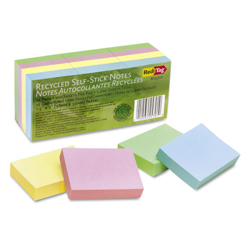 Redi-Tag/B. Thomas Enterprises 100% Recycled Notes, 1 1/2 x 2, Four Pastel Colors, 12 100-Sheet Pads/Pack