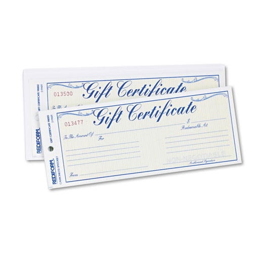Rediform Gift Certificates with Envelopes, 8.5 x 3.67, Blue/Gold with Blue Border, 25/Pack