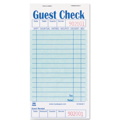 Royal   Guest Check Book, 3 1/2 x 6 7/10, 50/Book, 50 Books/Carton