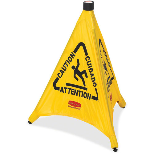 Rubbermaid 30" Pop-Up Caution Safety Cone, 12/Carton, CAUTION Print/Message, 9" x 30" Height, Cone Shape, Durable, Multilingual, Three-sided, Foldable, Yellow