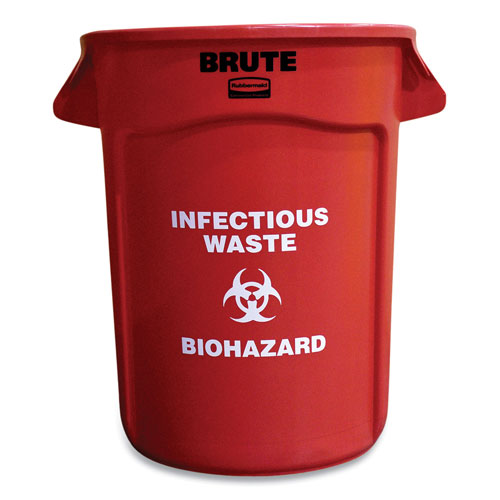 Rubbermaid Round Brute Container with "Infectious Waste: Biohazard" Imprint, Plastic, 32 gal, Red