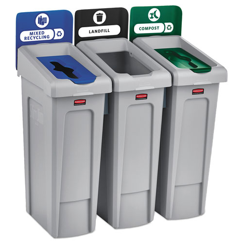 Rubbermaid Slim Jim Recycling Station Kit, 3-Stream Landfill/Mixed Recycling, 69 gal, Plastic, Blue/Gray/Green