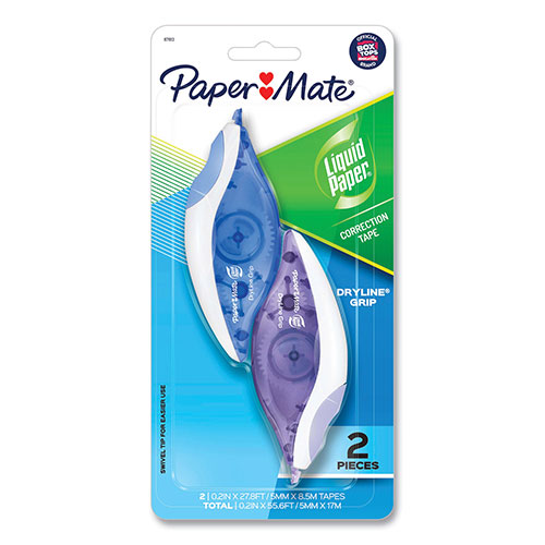 Papermate® DryLine Grip Correction Tape, 1/5" x 335", Blue/Purple Dispensers, 2/Pack