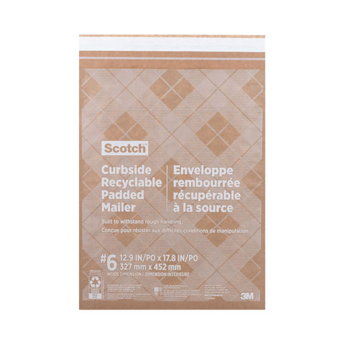 Scotch™ Curbside Recyclable Padded Mailer, #6, Self-Adhesive Closure, Interior Dimensions: 12.9” x 17.8”, Natural Kraft, 50/Carton