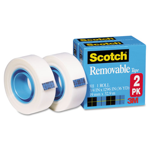 Scotch™ Removable Tape, 1" Core, 0.75" x 36 yds, Transparent, 2/Pack