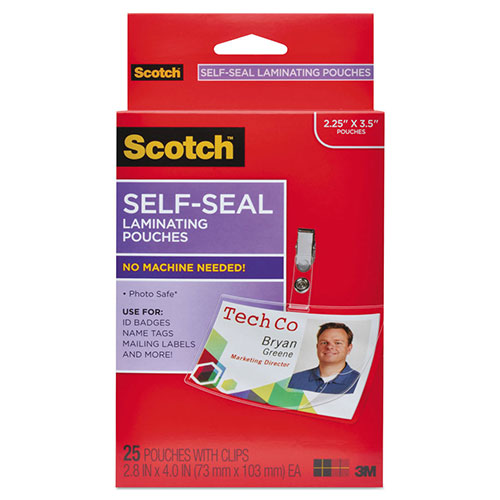 Scotch™ Self-Sealing Laminating Pouches, 12.5 mil, 2.31" x 4.06", Gloss Clear, 25/Pack