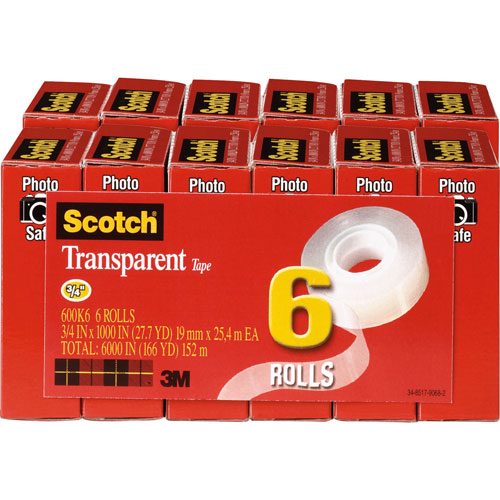 Scotch™ Transparent Tape, Refill, 1" Core, 3/4"x1000", 12 Rolls/BD