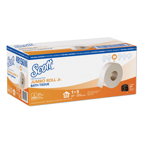 Scott® Essential 100% Recycled Fiber JRT Bathroom Tissue, Septic Safe, 2-Ply, White, 1000 ft, 4 Rolls/Carton