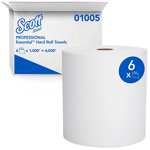 Scott® Essential High Capacity Hard Roll Towels for Business, 1-Ply, 8" x 1,000 ft, 1.5" Core, Recycled, White, 6 Rolls/Carton