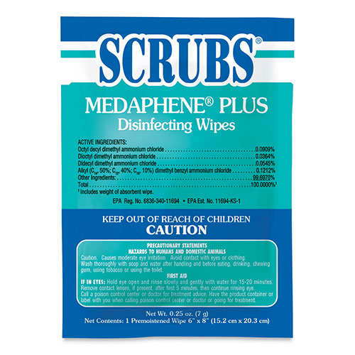 Scrubs Medaphene Disinfectant Wet Wipes, 6 x 8, White, Individually Wrapped Foil Packets, 100/Carton