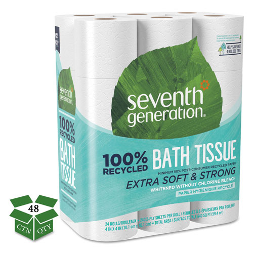 Seventh Generation 100% Recycled Bathroom Tissue, Septic Safe, 2-Ply, White, 240 Sheets per Roll, 24 per Pack, 2 Packs per Case, 11,520 Sheets Total