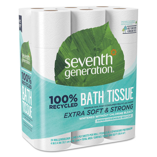 Seventh Generation 100% Recycled Bathroom Tissue, Septic Safe, 2-Ply, White, 240 Sheets per Roll, 24 Roll Pack, 5,760 Sheets Total