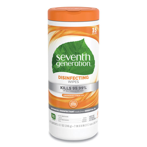 Seventh Generation Botanical Disinfecting Wipes, Lemongrass Citrus, 1-Ply, White, 7 x 8, 35 Wipes per container, 12 Containers per Case
