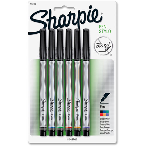 Sharpie® Pens, Perm, Fine Point, 12/BD, Black/RD/BE/GN/OE/VT