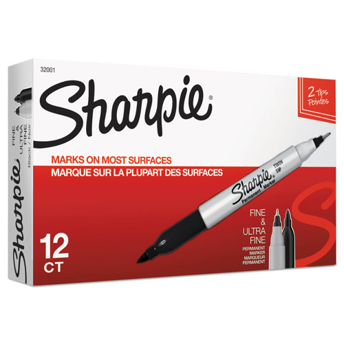 Sharpie® Twin-Tip Permanent Marker, Fine/Extra-Fine Bullet Tip, Black, Dozen