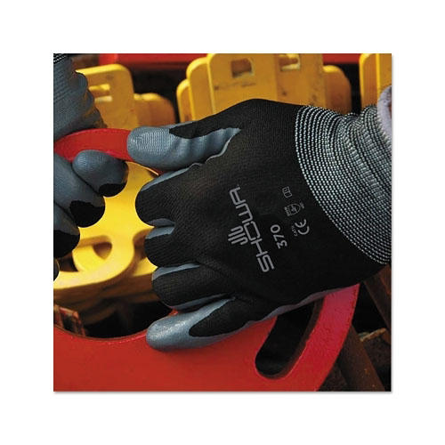 Showa 370B General Purpose Nitrile Coated Fingers/Palm Gloves, Medium, Black/Gray